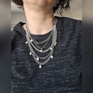 Silver Tone Multi-strand Faux White Pearl Staintment Necklace Chain 18" Long